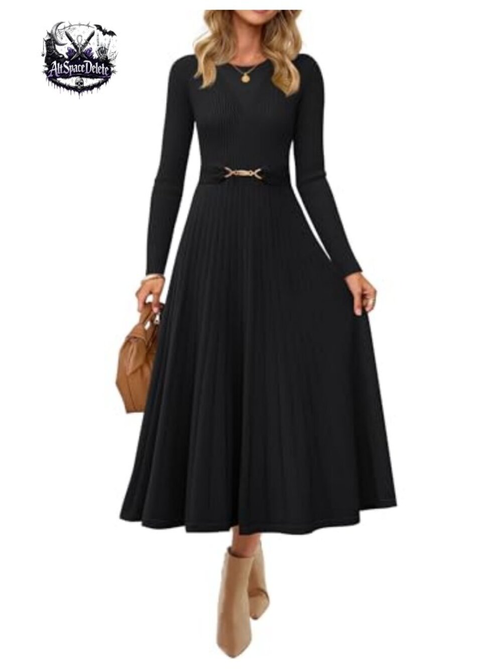 Long Sleeve Pleated Midi Sweater Dress Crew Neck Belted Knit